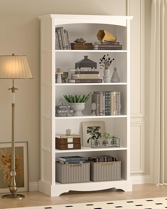 TVU 5-Tier Wooden Bookshelf, 65 Inch Tall Bookshelf with Storage, Floor Standing Modern Style Display Bookcase for Living Room, Office, Study Room, Entryway, White