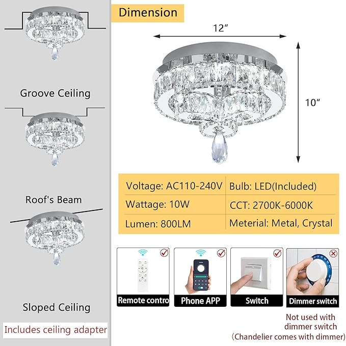 12'' Modern Crystal Chandelier LED Dimmable Flush Mount Ceiling Light Pendant Light for Hallway Living Room Bedroom Dining Room Foyer Silver