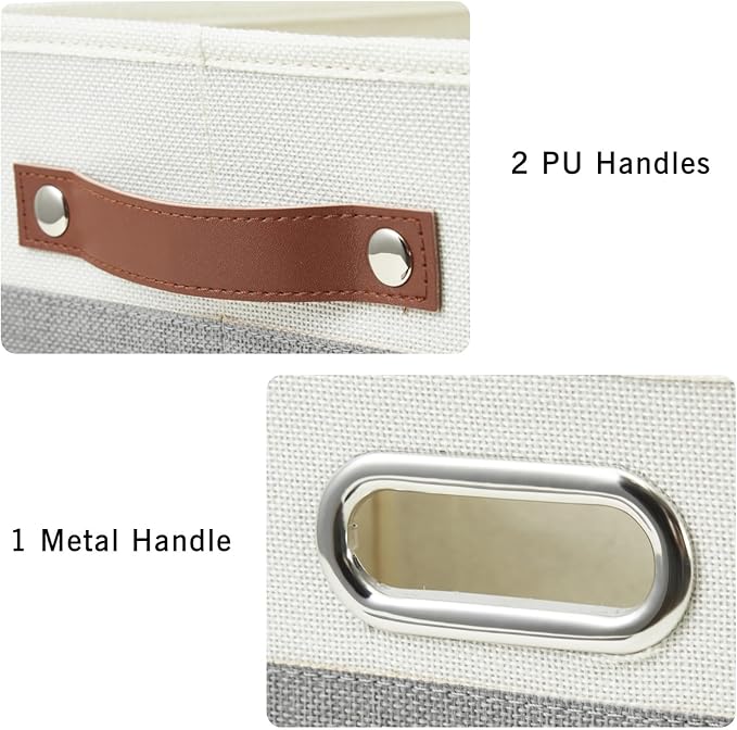 Large Collapsible Fabric Storage Bins with 3 Handles, Foldable Organizer Baskets for Closet, Shelves, Living Room | 3 Pack, Durable PU &amp; Metal Handles (17"x11.8"x11.8", Gray &amp; White)