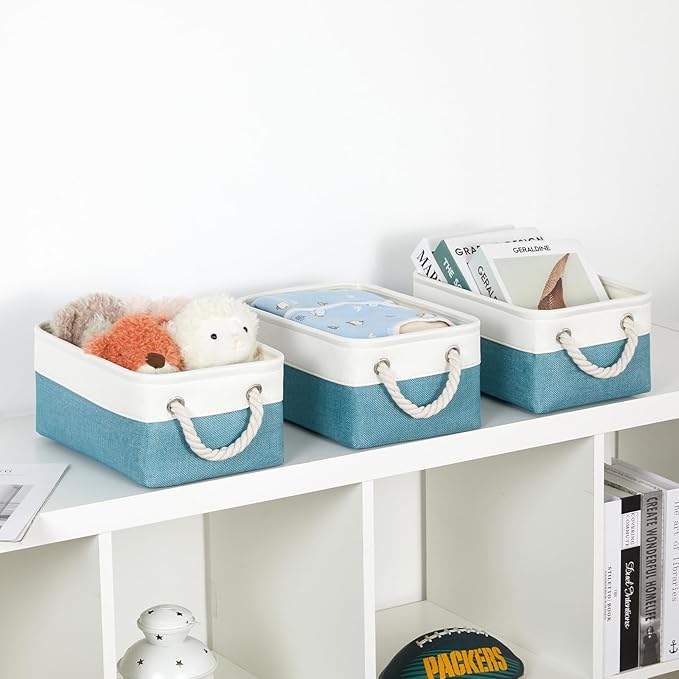 Bidtakay Small Storage Baskets for Shelves 3 Pack Fabric Storage Bins for Organizing Linen Collapsible Organizer for Closet-White&amp;Teal