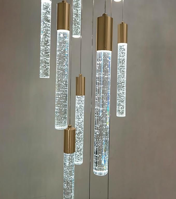 14.7 Foot High Ceiling Chandelier for Entryway Modern Crystal Lights for Living Room Foyer Flush Mount Sloping Ceiling Pendant Light Fixture Remote Dimmable 28-Lights Gold