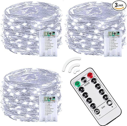 3 Pack 60LED Battery Operated Fairy Lights with Remote, 8 Modes LED String Lights with Timer, Dimmable, Memory Function, Waterproof Twinkle Fairy Lights for Outdoor Indoor Christmas Decor(Cool White)
