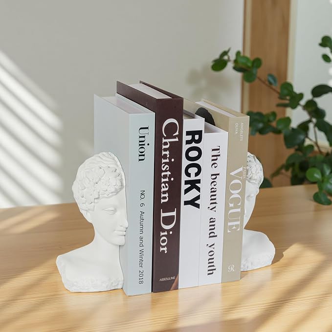 Modern Decorative Stone Bookends, Heavy Duty Book Ends Unique for Heavy Books, Cool Vintage Book Ends for Shelves &amp; Office Desk, Thinker Sculpture Bookends