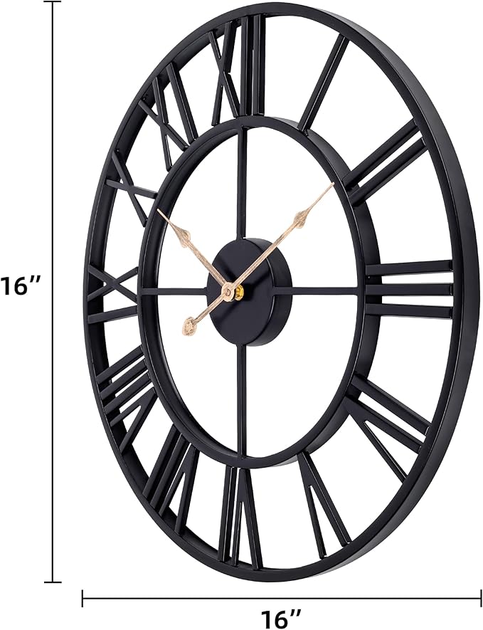 16 Inch Large Outdoor Wall Clock, Black Metal Modern Minimalist Battery Operated Silent Clock for Patio, Pool, Garden, Living Room, Kitchen, Office, Bedroom Decor with Easy to Read Numbers