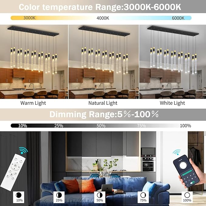 14-Lights Modern Rectangular Chandeliers for Living Room LED Dimmbale Light Fixture for High Ceiling Pendants Lighting for Dining Room