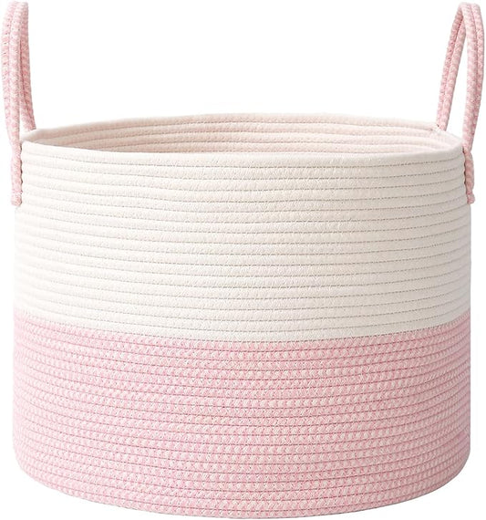 Woven Blanket Basket,115L Large Rope Storage Bin with Handles, Organizer for Blankets Toys Book and Clothes, Laundry Basket for Living Room Bedroom Nursery,White&amp;Pink