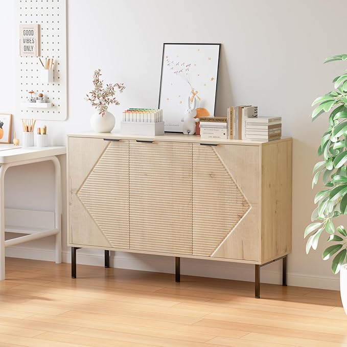 Set of 2 Large Buffet Sideboard Cabinet,91.96" Long Credenza Storage Cabinet,Mid Century Modern Kitchen Pantry Storage Cupboard Cabinets with Doors and Shelves,Fluted Cabinets for Dining Room