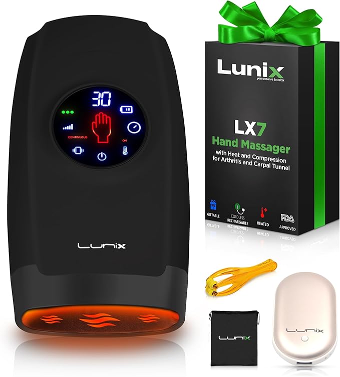 Lunix LX7 Electric Hand Massager with Compression, Pressure Point Therapy for Arthritis, Pain Relief and Carpal Tunnel, Shiatsu Massage Machine with Heat, with Hand Warmer, Black
