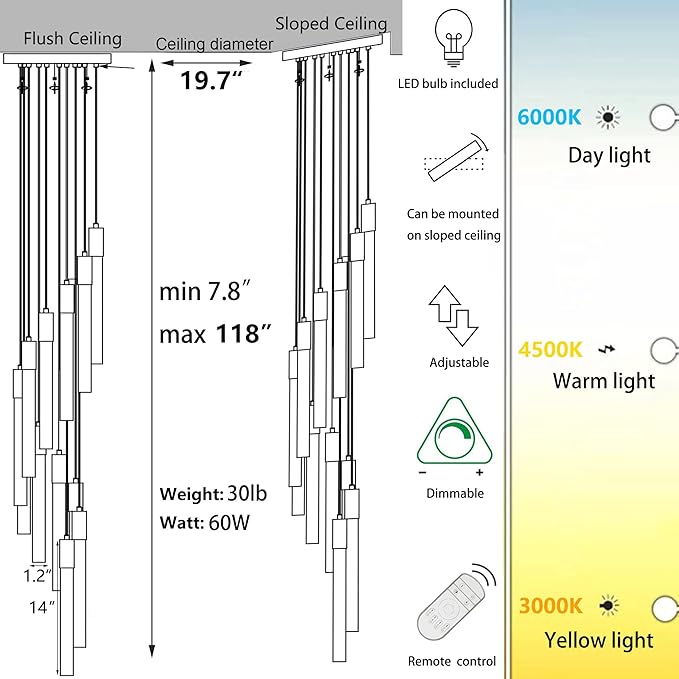 118" High Ceiling Chandelier Linear Crystal Pendants, Remote Dimmable, Compatible Sloped Ceilings, 12-Light Matte Black, 60 Watts LED, 4800 Lumens