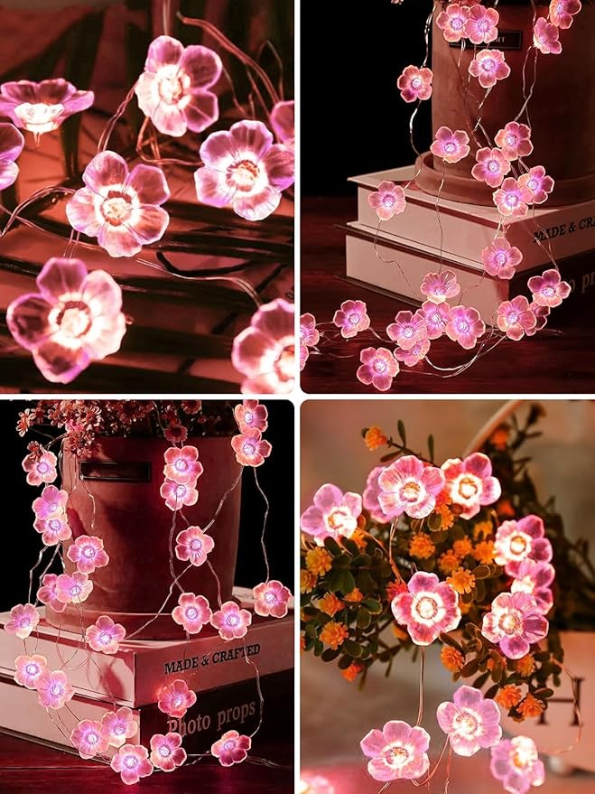 Cherry Blossom Flower String Lights for Bedroom, Pink Fairy Lights Battery Operated with Remote &amp; 8 Modes &amp; Timer, 10ft 30 LED Waterproof String Light Indoor Outdoor for Wedding Home Christmas Decor