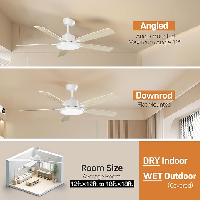 TALOYA 52 Inch White Ceiling Fans with Lights Led Remote Control Flush Mount Low Profile for Bedroom Living Dining Room Outdoor Farmhouse Patio,Reversible,DC Motor,Diammable,Buzzer ON/Off,5 Blades
