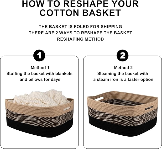 Large Storage Basket for Organizing, Woven Rope Basket for Shelves, Closet Organizer Bins for Clothes, Blanket, Toys, Baby Nursery Storage, 17.7" x 13" x 7.87", 2 Packs Black &amp; Brown