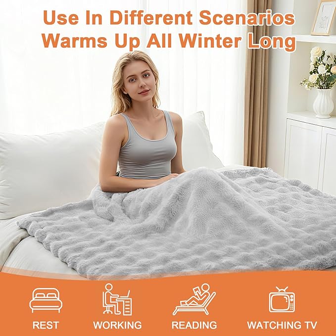 Heated Blanket Electric Throw Blanket 84''X 90''-Heating Blanket with 6 Heat Settings-4/10 Hours Auto Off,Cozy Faux Rabbit Fur Bubble Electric Blanket,Light Gray