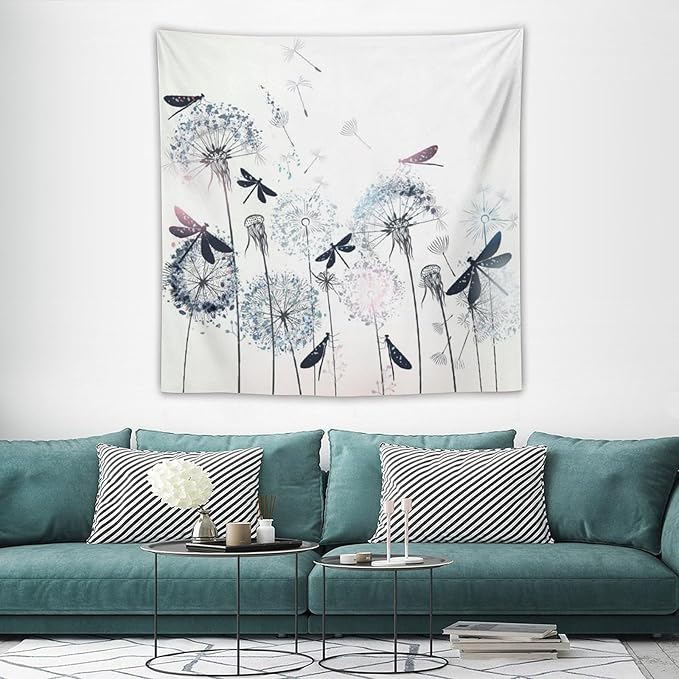 Kurtect Dandelion Tapestry,Rustic Dragonfly Teal Blue Floral Theme Pattern Print Tapestries for Living Room Party Beach Picnic Blankets Tablecloths Wall Decor, 60x60 in