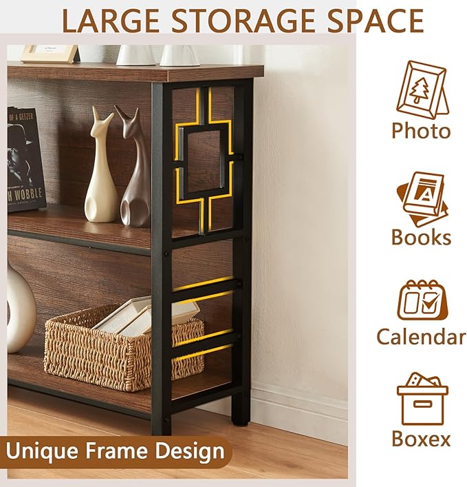 HOMISSUE Book Shelf, 3 Tier Long Bookshelf with Storage, Engineered Wood and Metal Shelf Bookcase, Low Short Bookcases for Small Space, Living Room, Bedroom, Office, Rustic Brown