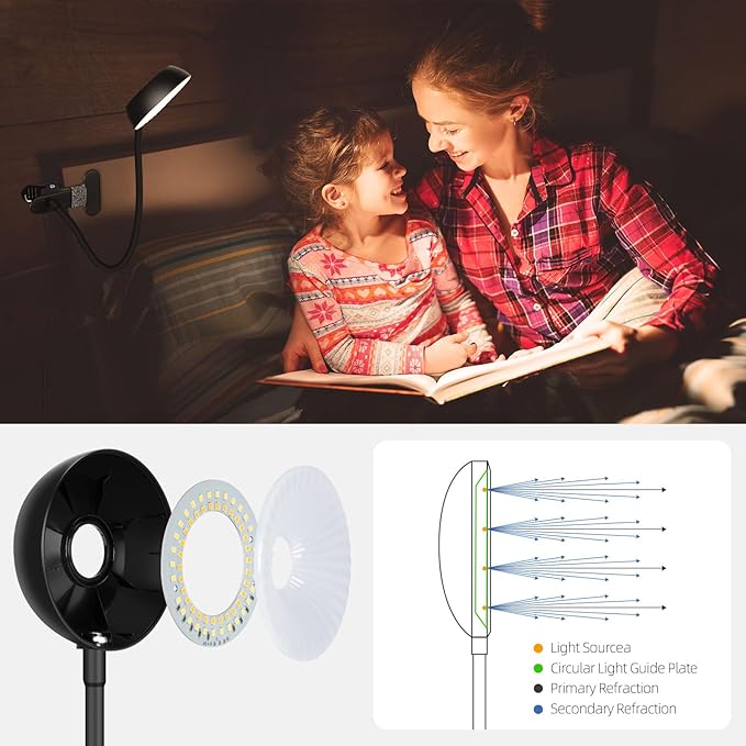 【Clip on Lamp】 10-Level Dimming & 5 Color Modes LED Book Light, Flexible Gooseneck Reading Light for Beds, Desks, Headboards - Eye-Friendly Night Light for Kids/Adults (Black)