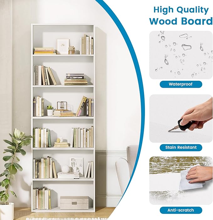 71" Tall Bookcase, 6-Tier Open Display Storage Shelves, Floor Standing Large Book Shelf for Living Room, Home Office, Bed Room, White