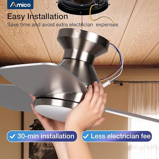 Amico Ceiling Fans with Lights, 42 inch Low Profile Ceiling Fan with Light and Remote Control, Flush Mount, Reversible, 3CCT, Dimmable, Noiseless, Nickel Ceiling Fan for Bedroom, Indoor/Outdoor Use