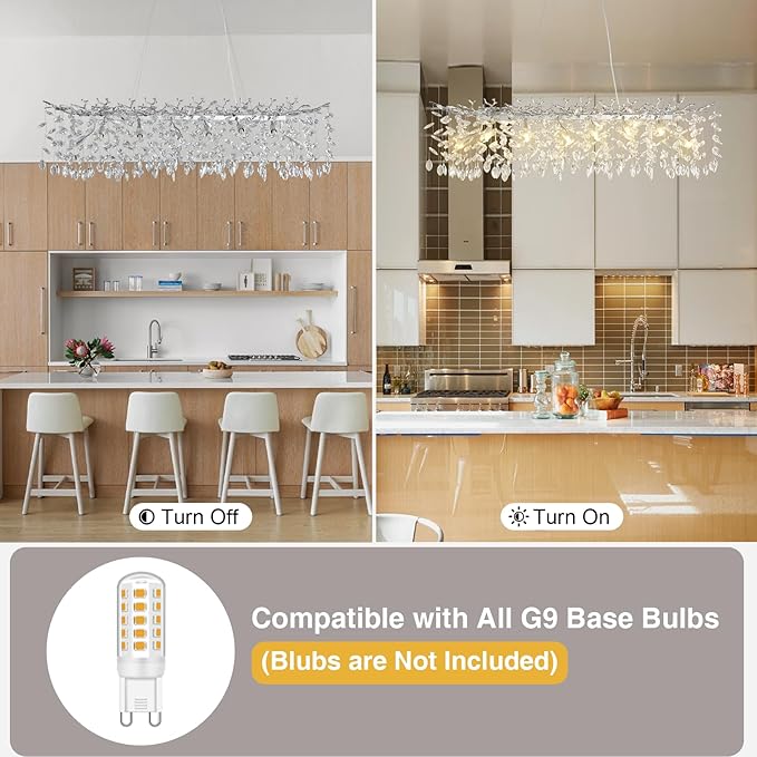 YUYI Modern Crystal Chandelier, 47" Silver Tree Branch Chandelier, 14-Light Luxury Rectangular Raindrop Chandeliers for Dining Room, Kitchen Island, Living Room, Contemporary K9 Crystal Light Fixture