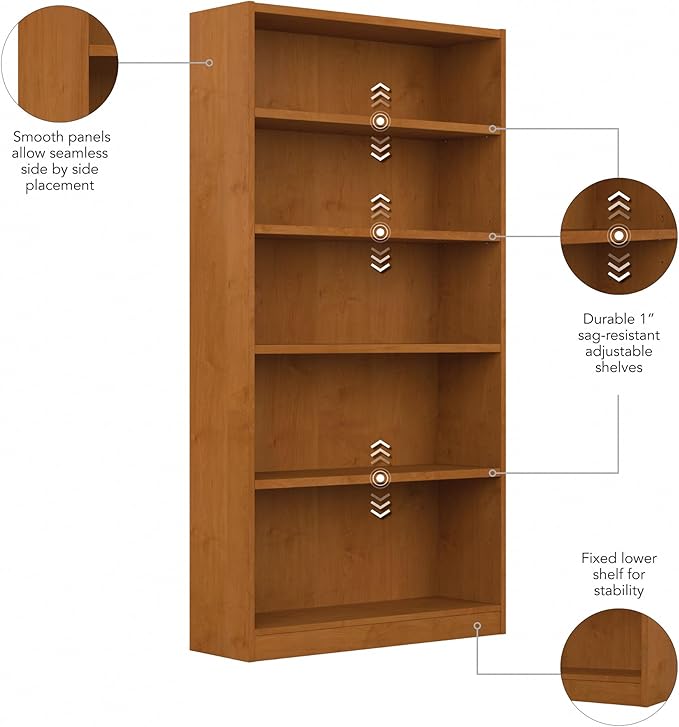 Bush Furniture Universal Tall 5 Shelf Bookcase in Natural Cherry