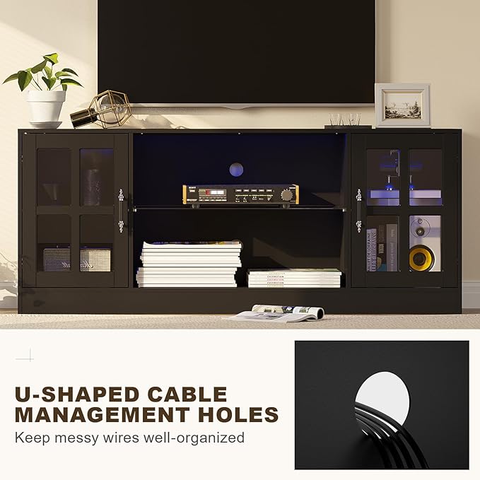 MEISSALIVVE 4-Piece Wall Unit TV Stand with Storage & LED Lights for TVs up to 75", Modern Entertainment Center with Bookshelves & 4-Door Pantry Cabinet, Black