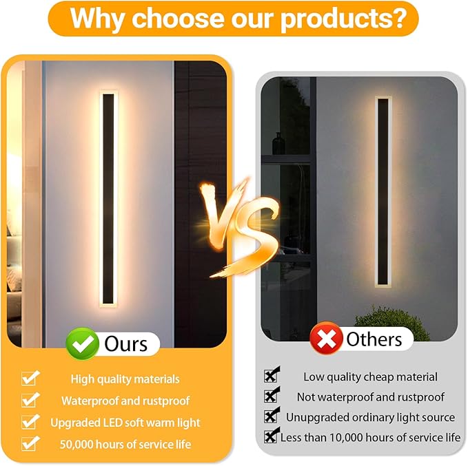 2 Pack 71 Inch Exterior Wall Sconces 3000K Modern Outdoor Wall Lights IP65 Waterproof Black Outdoor Sconces Wall Lighting for House