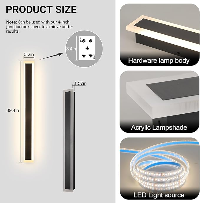 39 Inch Black Modern Outdoor Wall Light 3000K-6000K Dimmable Modern Exterior Wall Sconce Long LED Linear Exterior Lights for Patio Garden Garage