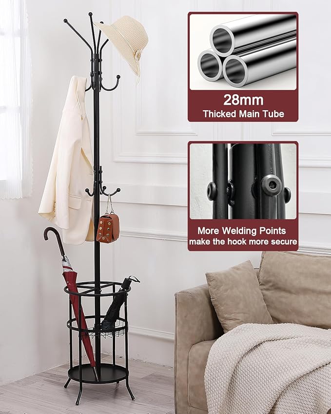 Metal Coat Rack, Freestanding Coat Rack Stand with Umbrella Holder, Coat Tree with 12 Hooks for Clothes Hats Bags, Modern Coat Hanger Stand for Entryway Living Room Bedroom Office Use, Black