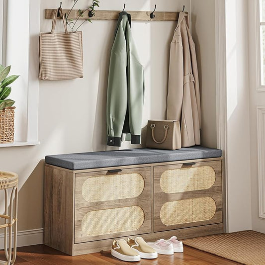 Rattan Storage Bench with Cushion &amp; Coat Rack, Shoe Rack with 2 Flip Drawers, Narrow Shoe Storage Cabinet, Shoe Bench for Entryway, Living Room, Rustic Oak, Oval