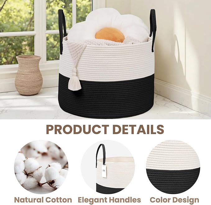 Woven Blanket Basket,115L Large Rope Storage Bin with Handles, Organizer for Blankets Toys Book and Clothes, Laundry Basket for Living Room Bedroom Nursery,White&Black