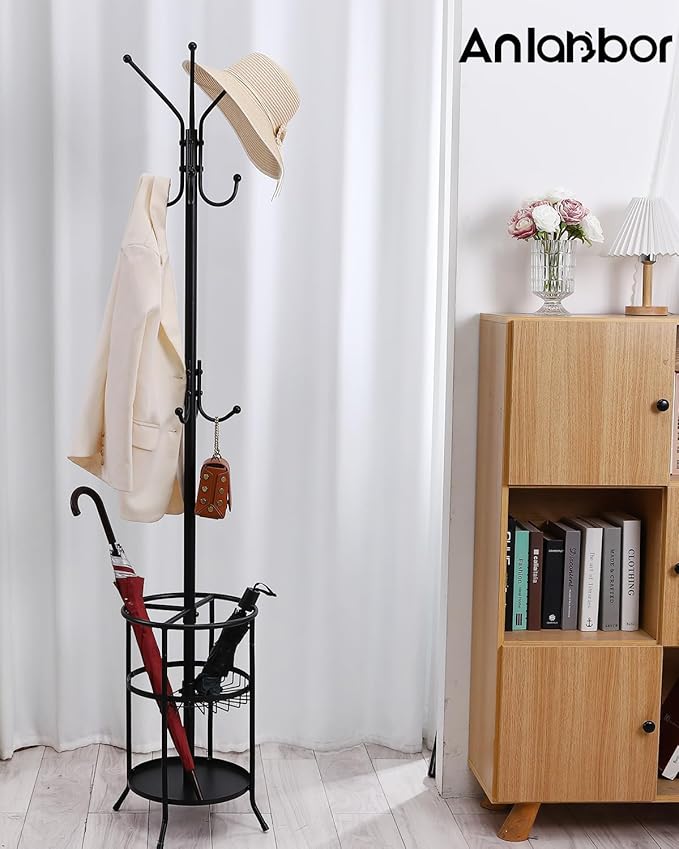 Metal Coat Rack, Freestanding Coat Rack Stand with Umbrella Holder, Coat Tree with 12 Hooks for Clothes Hats Bags, Modern Coat Hanger Stand for Entryway Living Room Bedroom Office Use, Black