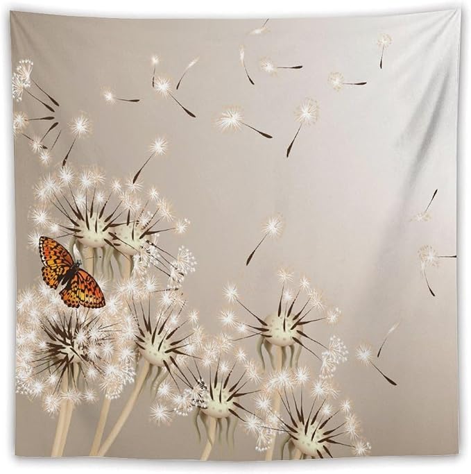 Nature Tapestry,Floral Dandelion Flying Butterfly Flower Plant Theme Print Tapestries for Living Room Party Beach Picnic Blankets Tablecloths Wall Decor, 60x60 in