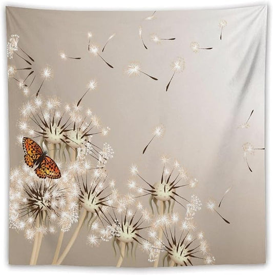 Nature Tapestry,Floral Dandelion Flying Butterfly Flower Plant Theme Print Tapestries for Living Room Party Beach Picnic Blankets Tablecloths Wall Decor, 60x60 in