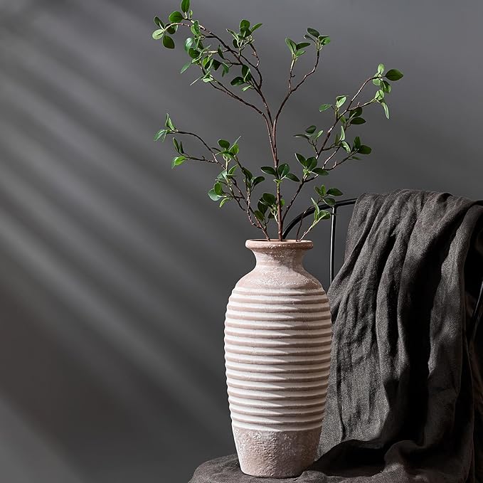 Ceramic Rustic Vase, 14.4 Inch Large Vintage Flower | Threaded Decorative Farmhouse Tall Vase for Home Decor, Living Room, Shelf Decor, Wedding Housewarming Gift, Khaki