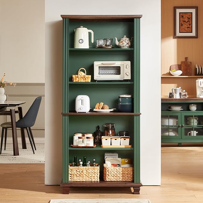 70" Tall Green Bookshelf,5 Tier Wooden Book Shelf with Adjustable Shelves &amp; Wood Legs,Free Standing Farmhouse Bookcase with Open Display Storage,Vintage Bookshelfs for Library, 2PCS