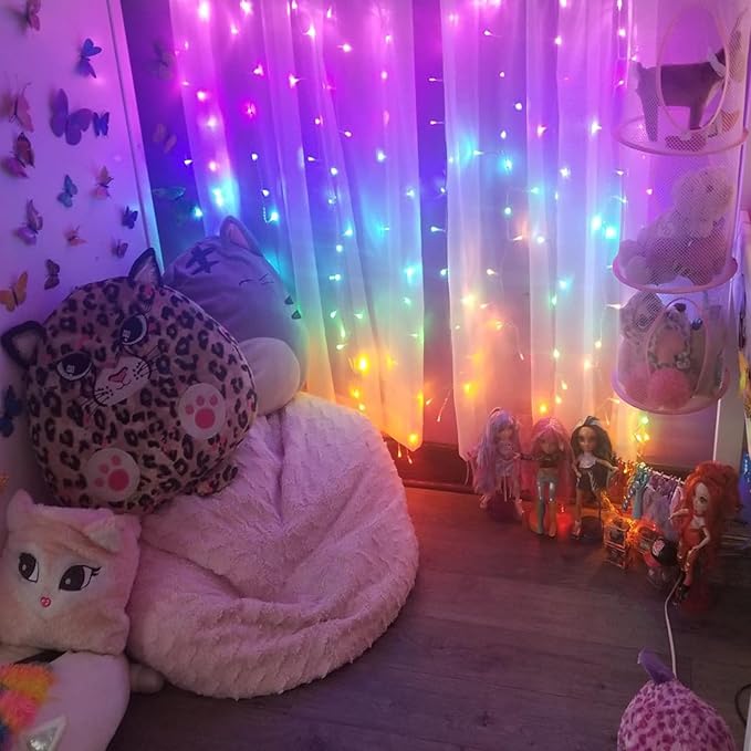 Honche 300Led Cuttable Curtain String Lights 10x10ft with Remote Window Lights for Bedroom Wedding Party Festive Season Propose Marriage (Rainbow 7 Colors)