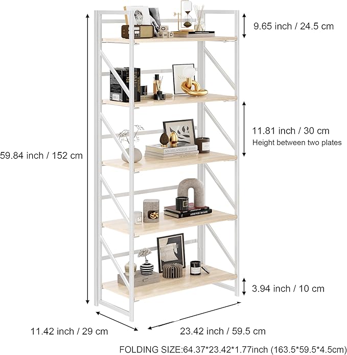 JSB No Assembly Folding Bookshelf, 5 Tier Industrial Metal Book Shelf for Storage, Vintage Wood Foldable Bookcase for Living Room, Bedroom, Office Organization Shelves