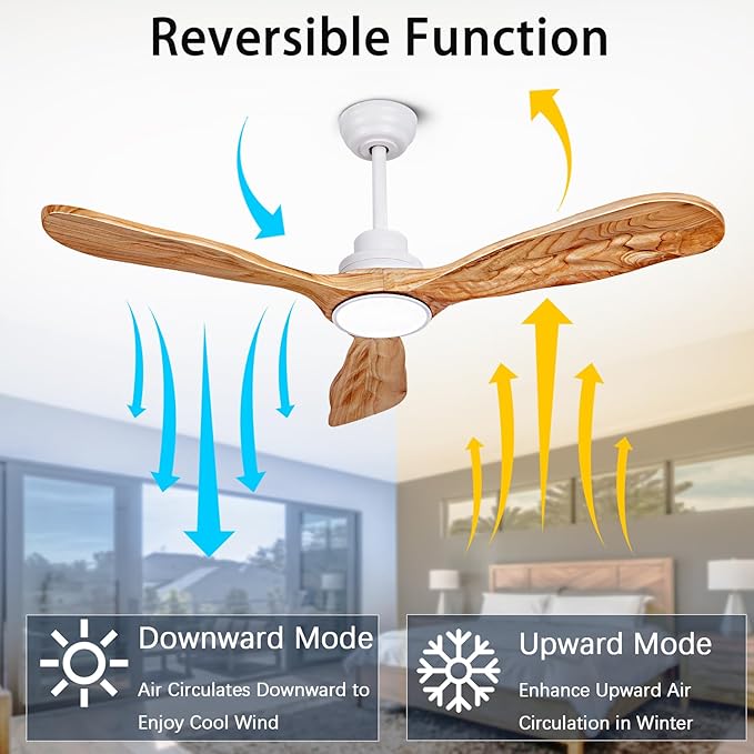 Ceiling Fans with Lights and Remote,52 Inch Unique Wood Ceiling Fan with Noiseless Reversible DC Motor,3 Blades,3 Downrods, for Farmhouse,Patio Living Room,Bedroom,Office,Indoor Outdoor(White+Wood)