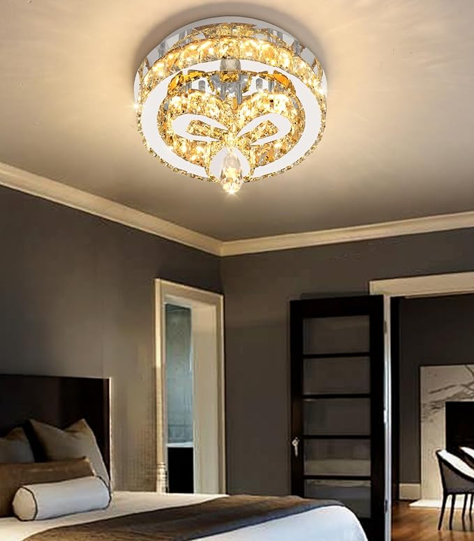 12'' Modern Crystal Chandelier LED Dimmable Flush Mount Ceiling Light Pendant Light for Hallway Living Room Bedroom Dining Room Foyer Silver