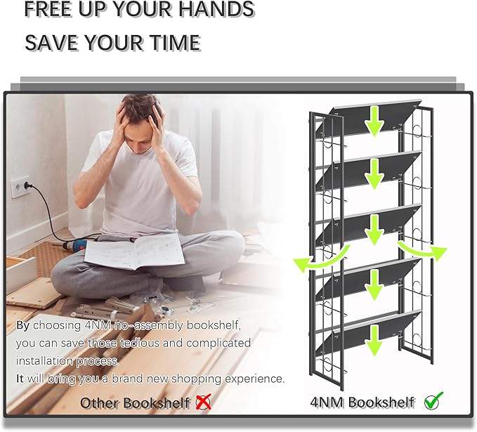 4NM No Assembly 5 Tiers Folding Bookshelf, 59.4" H Foldable Storage Shelves Vintage Bookcase Standing Racks Study Organizer Home Office - All Black