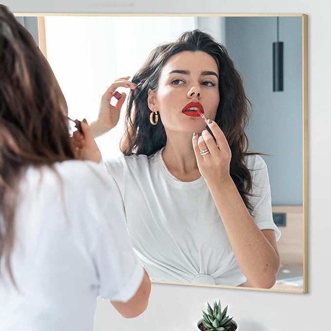 24x30 Inch Gold Bathroom Mirror - Copper-Free Mirror, Aluminum Alloy Frame Vanity Rectangle Wall Mounted Modern Mirror for Bedroom/Living Room/Porch Horizontal or Vertical