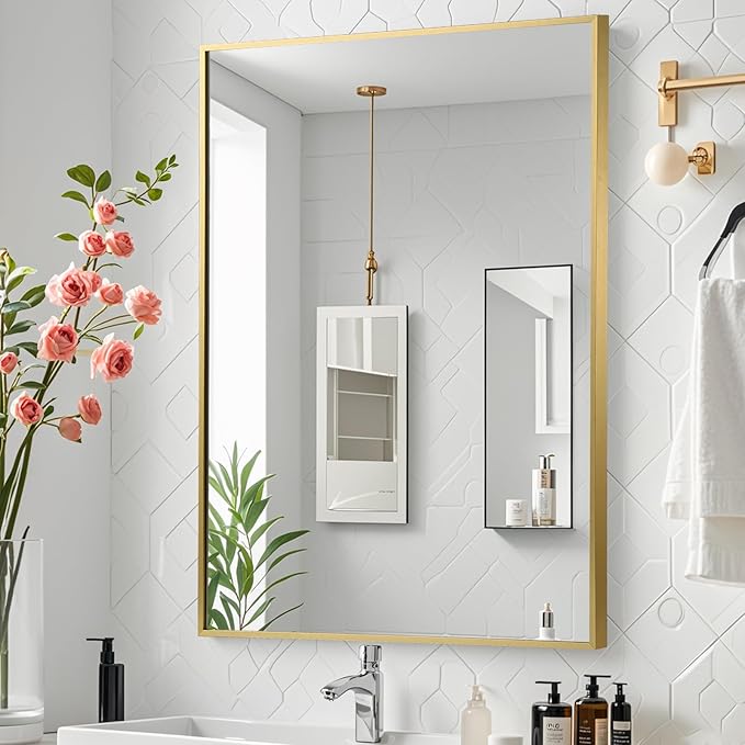 Gold Bathroom Mirror, 24"x32" Rectangle Mirror, Brushed Gold Mirror, Metal Frame Square Corner Vanity Mirror, Wall Mounted Mirror for Modern, Living Room, Bedroom, Horizontal Or Vertical