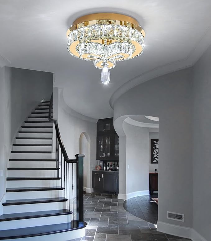 12'' Modern Crystal Chandelier LED Dimmable Flush Mount Ceiling Light Pendant Light for Hallway Living Room Bedroom Dining Room Foyer Gold