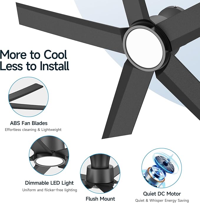 ocioc 52 inch Ceiling Fans with Lights, Large Air Volume Ceiling Fans with Reversible Quiet DC Motor and Remote 2 Pack (Black)