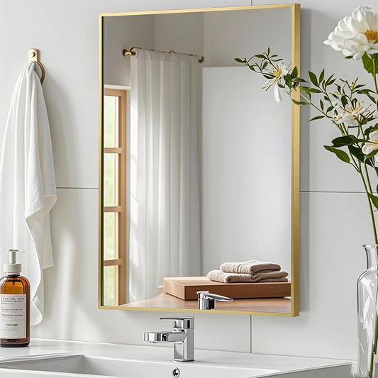Gold Bathroom Mirror, 26"x38" Rectangle Mirror, Brushed Gold Mirror, Metal Frame Square Corner Vanity Mirror, Wall Mounted Mirror for Modern, Living Room, Bedroom, Horizontal Or Vertical