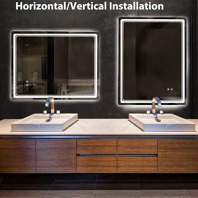 HOMECOOKIN Led Makeup Mirror, 27 x 36 inch Backlit Bathroom Mirror with Anti-Fog, 3 Colors Wall Mounted, Horizontal & Vertical