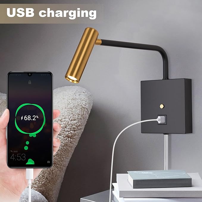 ZEROUNO LED Wall Lamp Wall Mounted Reading Lights, Dimmable Adjustable Headboard Plug in Wall Sconce with USB C+A Ports, Indoor LED Wall Lighting for Bedroom Bedside 3000K (Black)