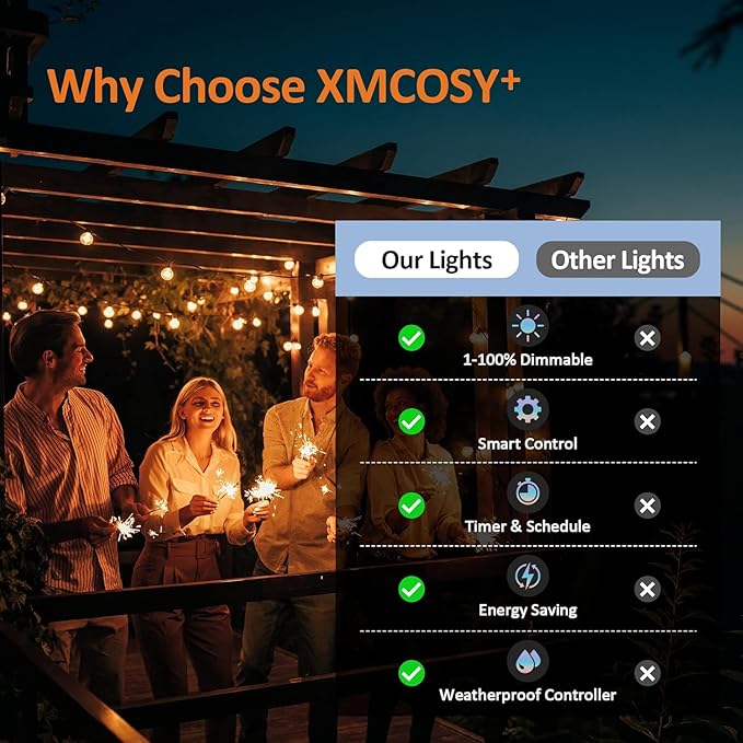 XMCOSY+ Smart Outdoor String Lights, 150Ft G40 Globe Patio Lights with 75 LED Bulbs, WiFi &amp; APP Control, Work with Alexa, Extendable Waterproof Dimmable LED String Lights for Outside, Porch, Cafe