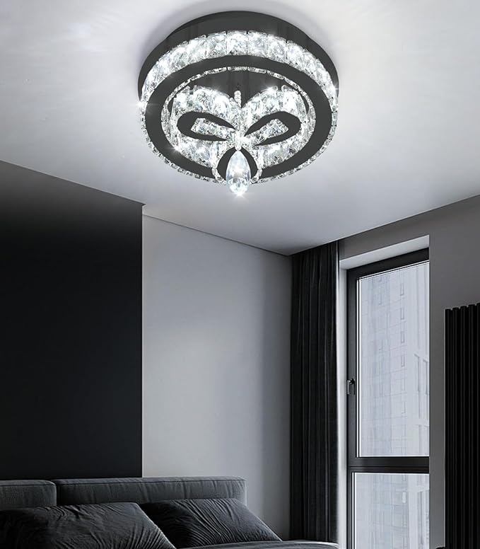 12'' Modern Crystal Chandelier LED Dimmable Flush Mount Ceiling Light Pendant Light for Hallway Living Room Bedroom Dining Room Foyer Black