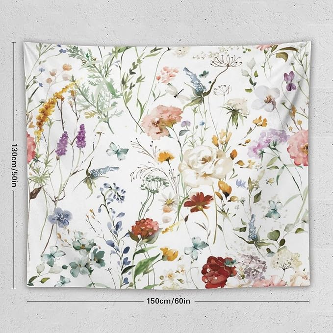 Kurtect Floral Tapestry,Colorful Watercolor Spring Flowers Botanical Theme Print Tapestries for Living Room Party Beach Picnic Blankets Tablecloths Wall Decor, 50x60 in